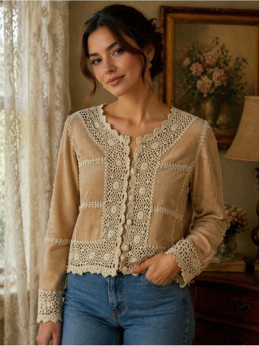 BEAUTIFUL Boho NWT VINTAGE Crochet-Trim Suede Jacket - Beige